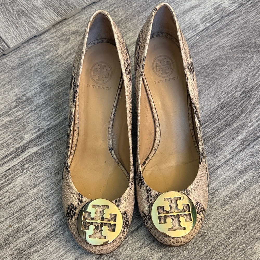 Tory Burch Snakeskin Wedges - Tan